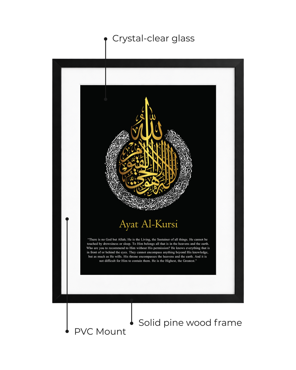 Ayatul Kursi English Calligraphy Black (White and Gold Design) Frame
