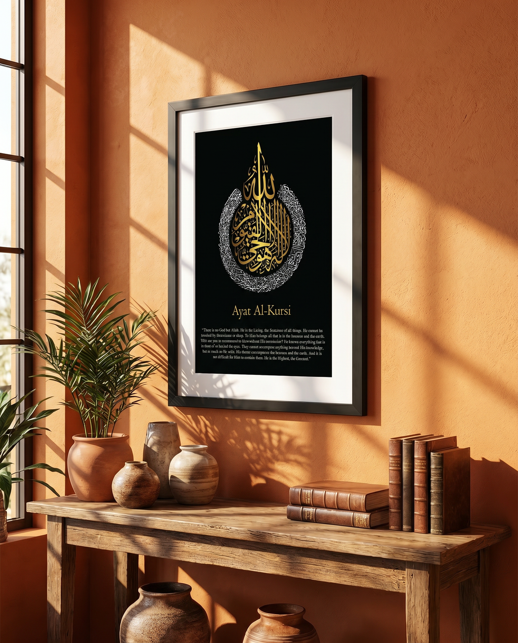 Ayatul Kursi English Calligraphy Black (White and Gold Design) Frame