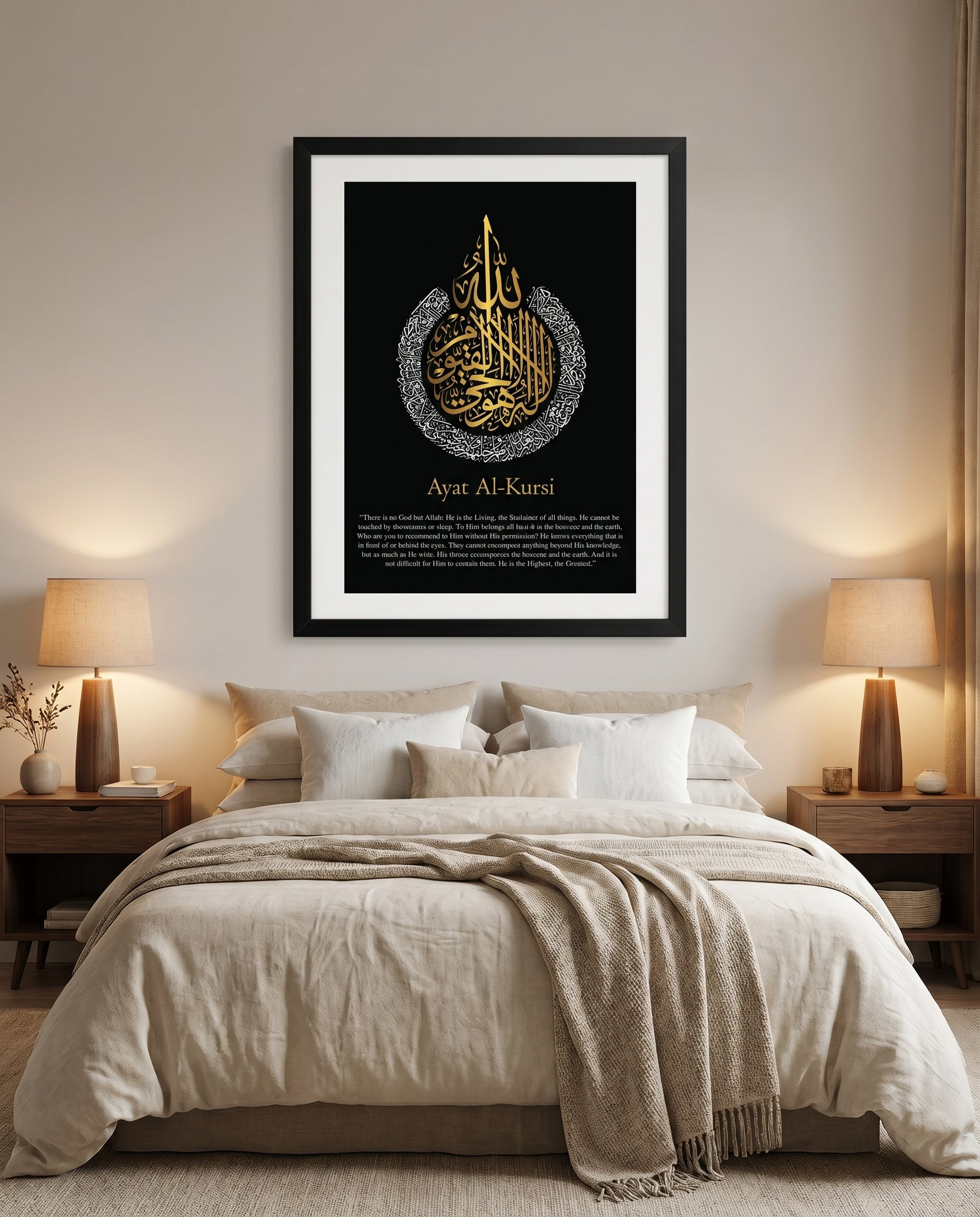 Ayatul Kursi English Calligraphy Black (White and Gold Design) Frame