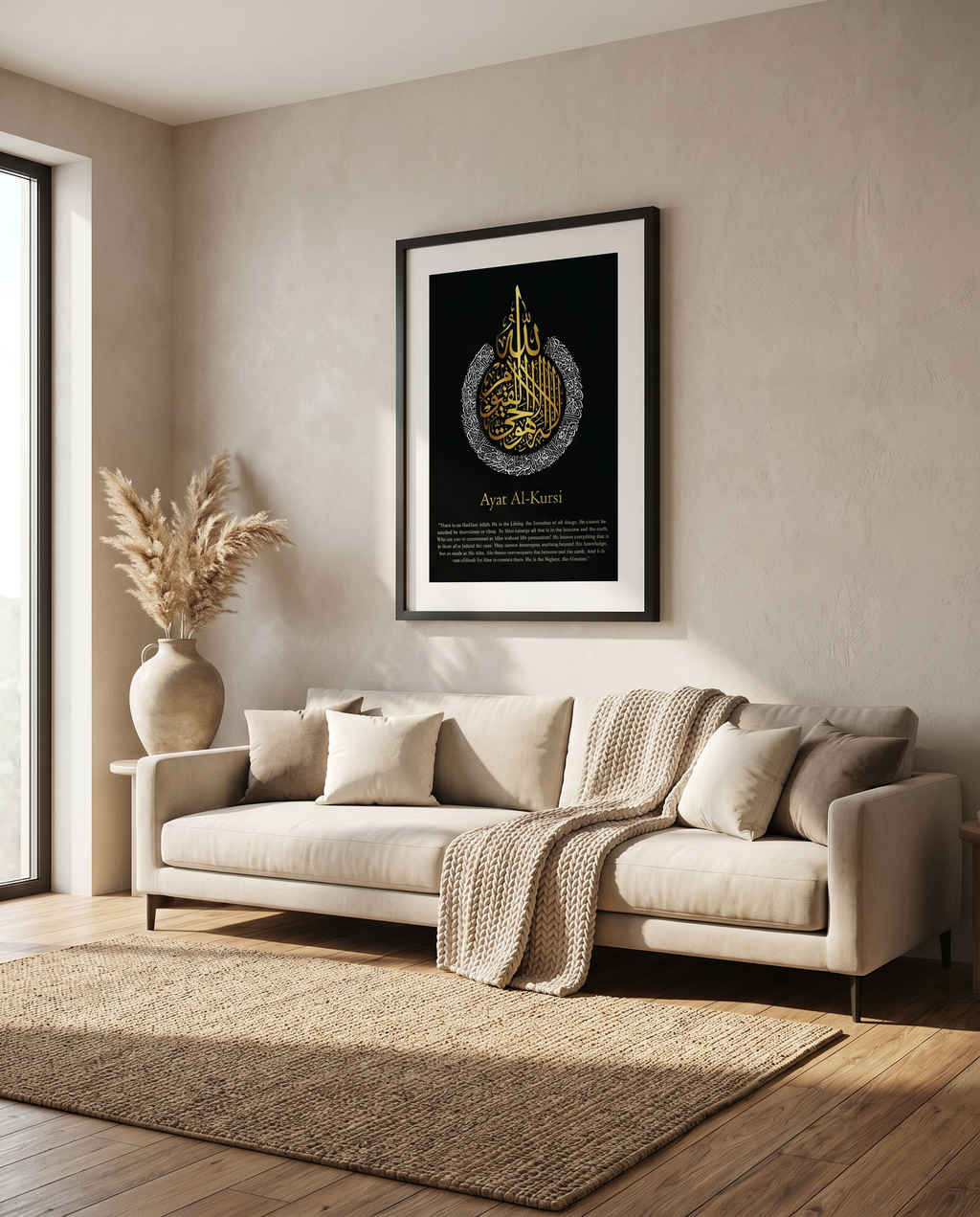 Ayatul Kursi English Calligraphy Black (White and Gold Design) Frame